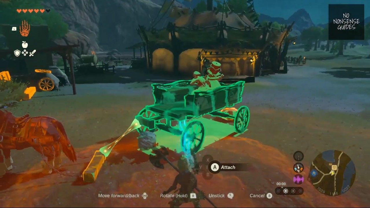 A screenshot from No-Nonsense Guides' YouTube channel, showing a Link using the Ultrahand ability to connect a horse and a wagon in Zelda: Tears of the Kingdom.
