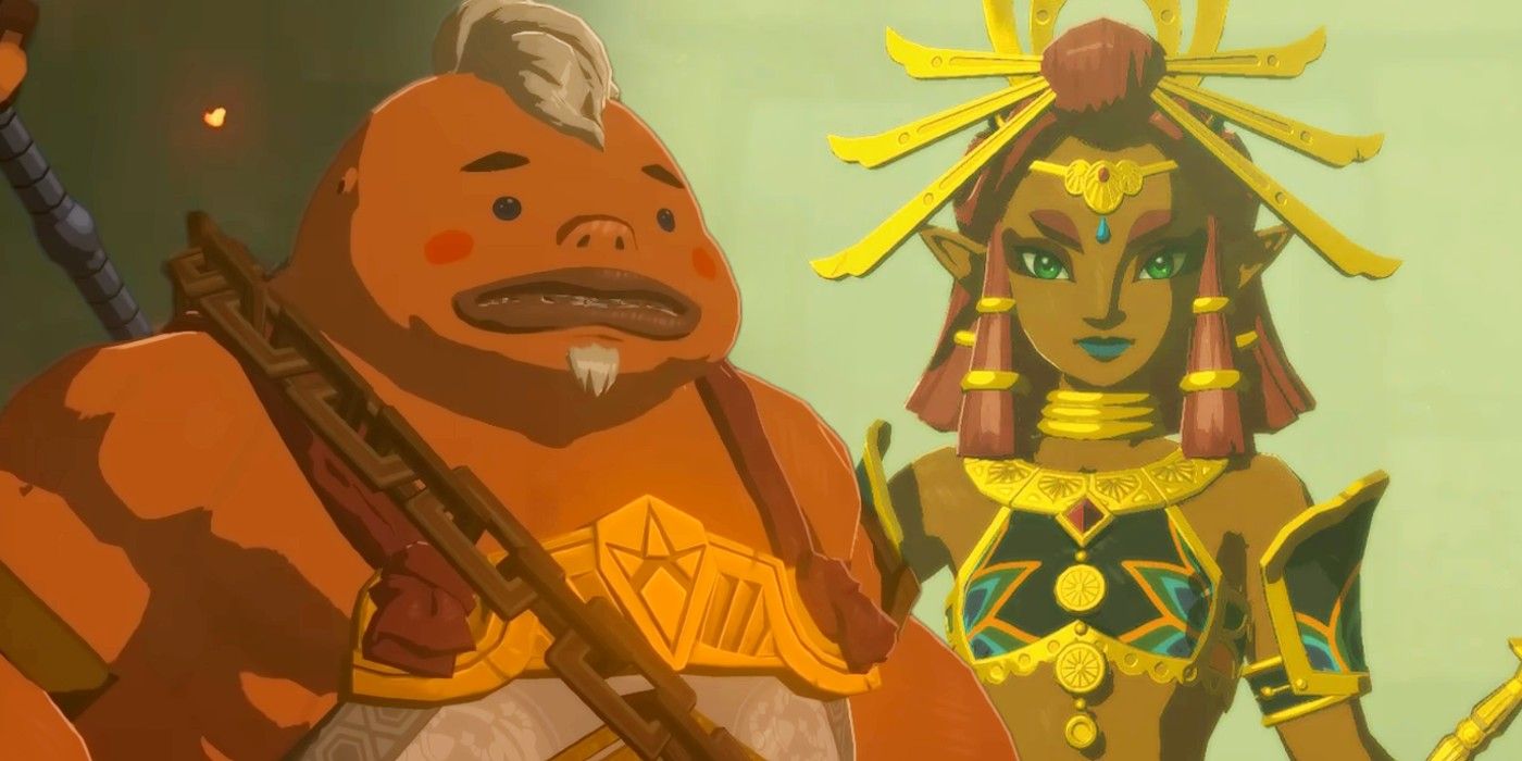 A scared-looking Yonubo standing next to a neutral-faced Riju in Zelda: Tears of the Kindgom.
