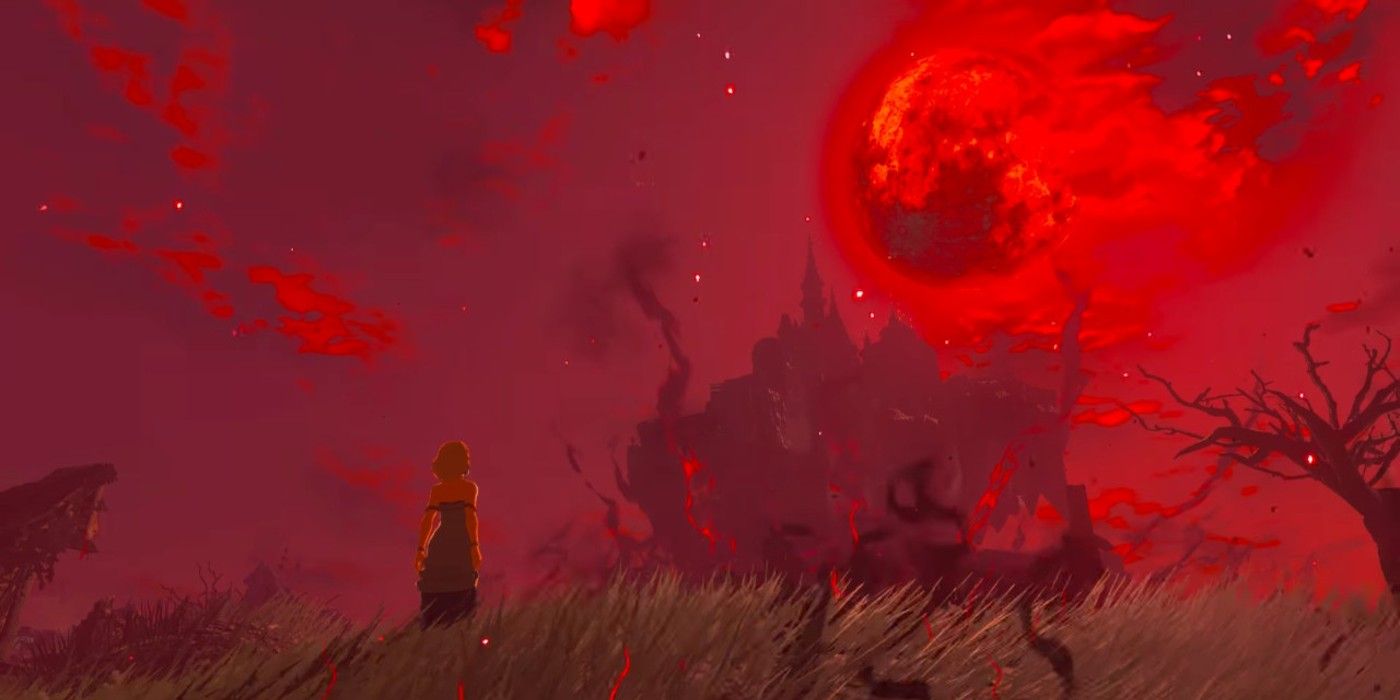 Putri Zelda menyaksikan Bulan Darah terbit di The Legend of Zelda: Tears of the Kingdom​​​​​​​​.
