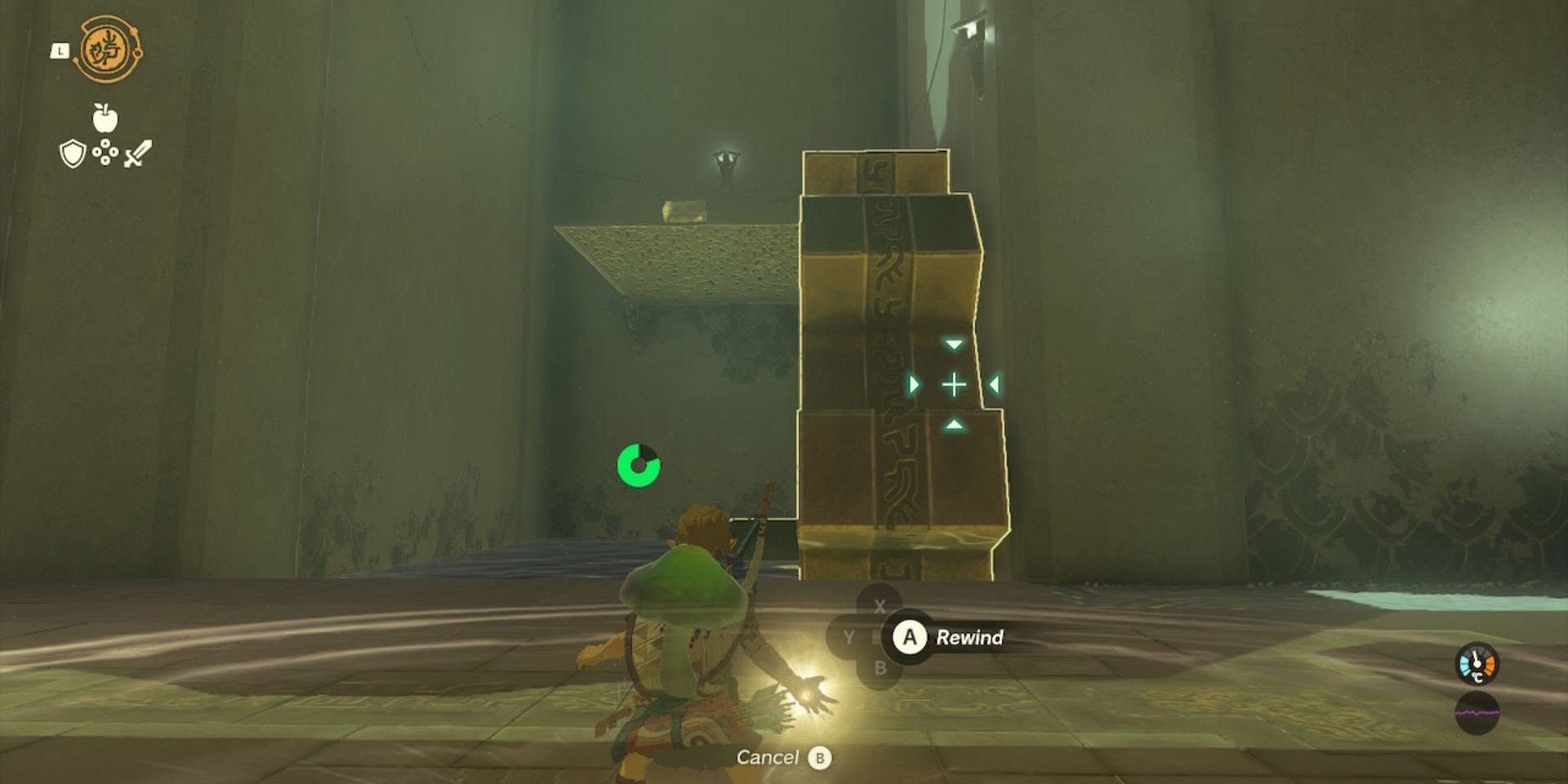 Link uses the Recall ability on a spinning wheel to reach a hidden chest on a raised platform in Tears of the Kingdom.
