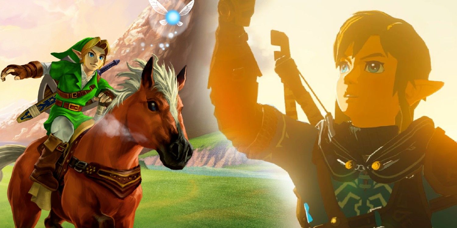 Link riding Epona in Ocarina of Time, alongside Link in TOTK with his arm raised.