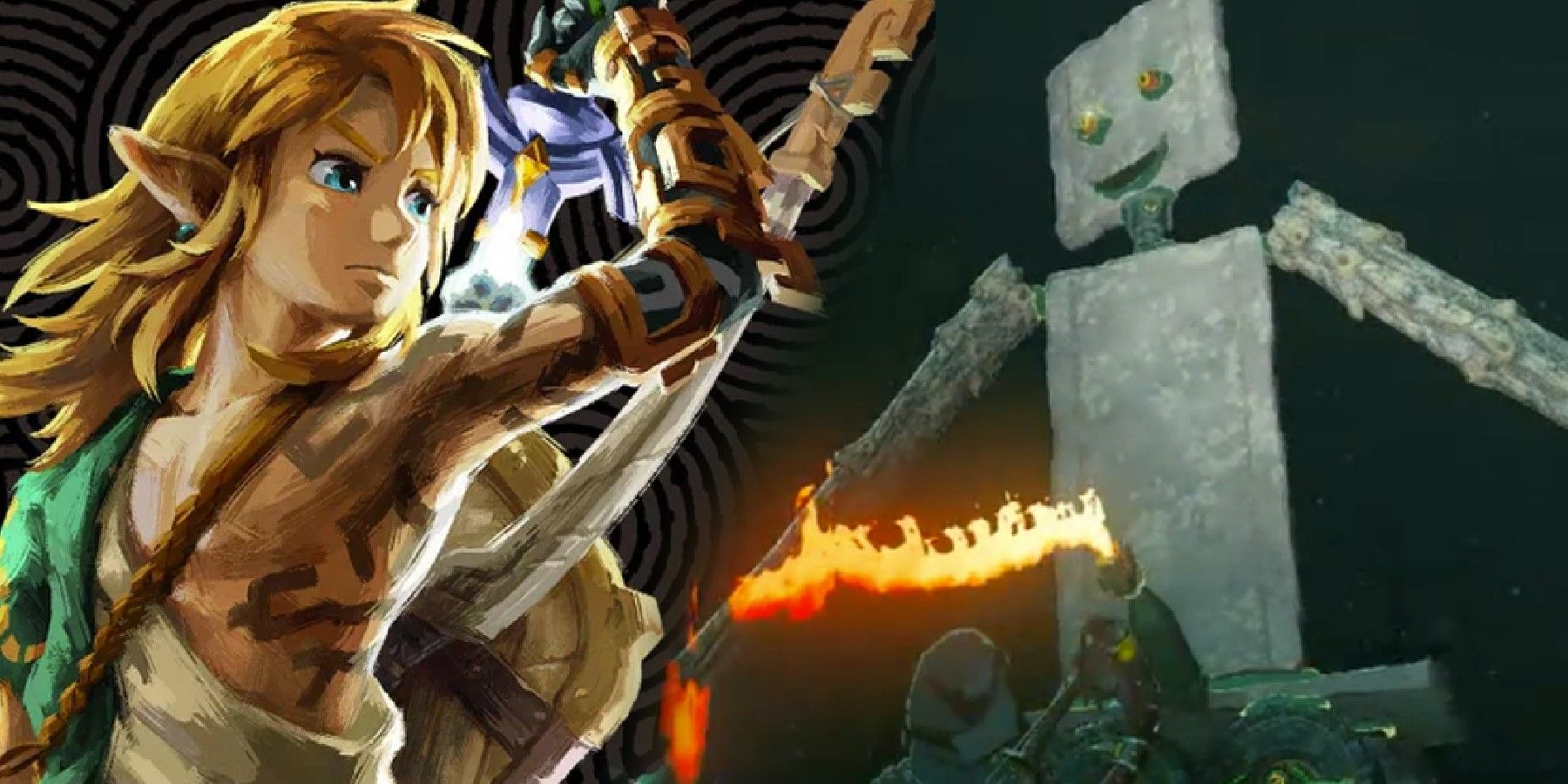Official art of Link in TOTK, alongside a stone robot with fire shooting out.