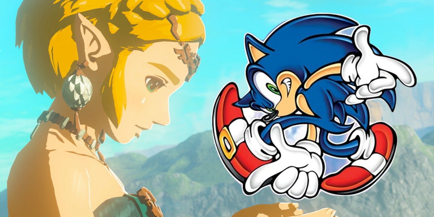 TOTK's Princess Zelda looking down at Sonic as he appears in Sonic Adventures