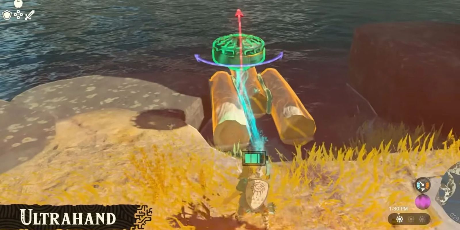 Zelda TOTK Link uses his Ultrahand ability to make a raft