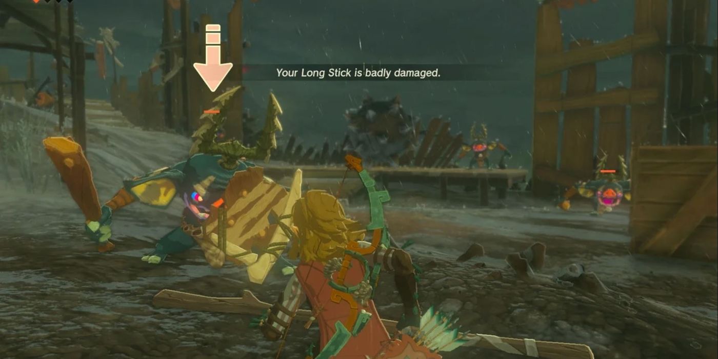 Zelda TOTK Weapon Durability, Link attacking a Moblin while the game pops up saying 