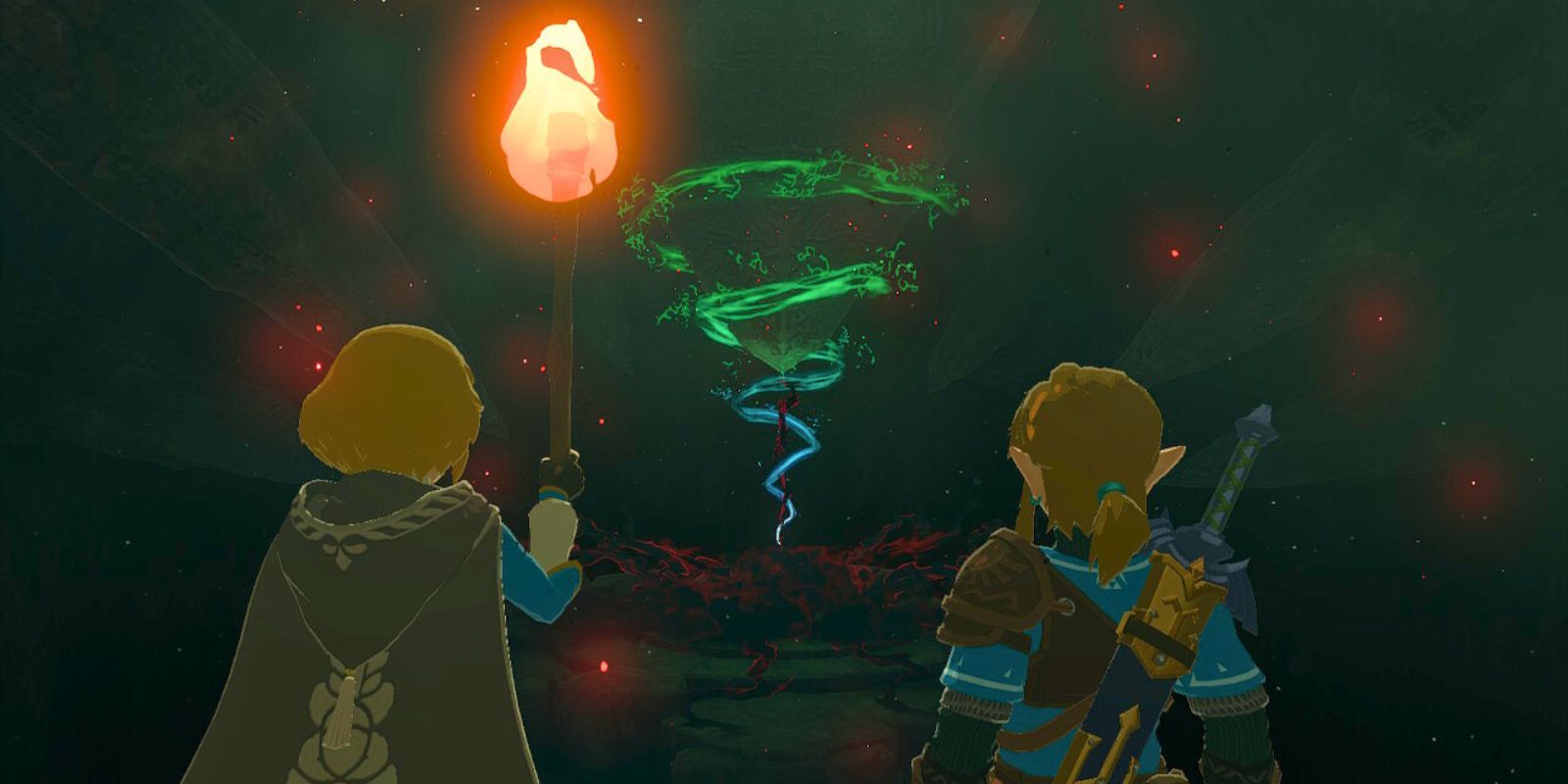 Zelda dan Link turun ke gua di bawah Kastil Hyrule melihat pemandangan yang mengancam