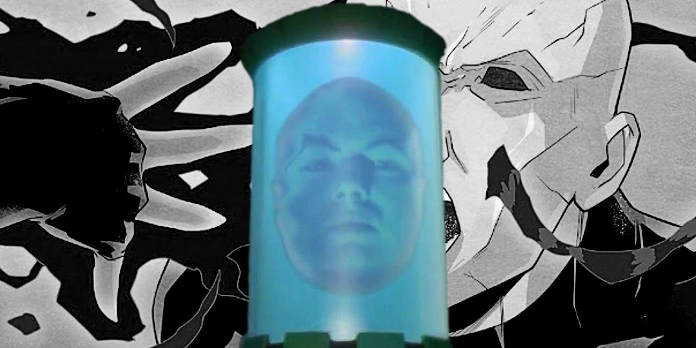 Zordon em sua forma clássica de Mighty Morphin, com "Vessel" dos quadrinhos dos Power Rangers ao fundo.