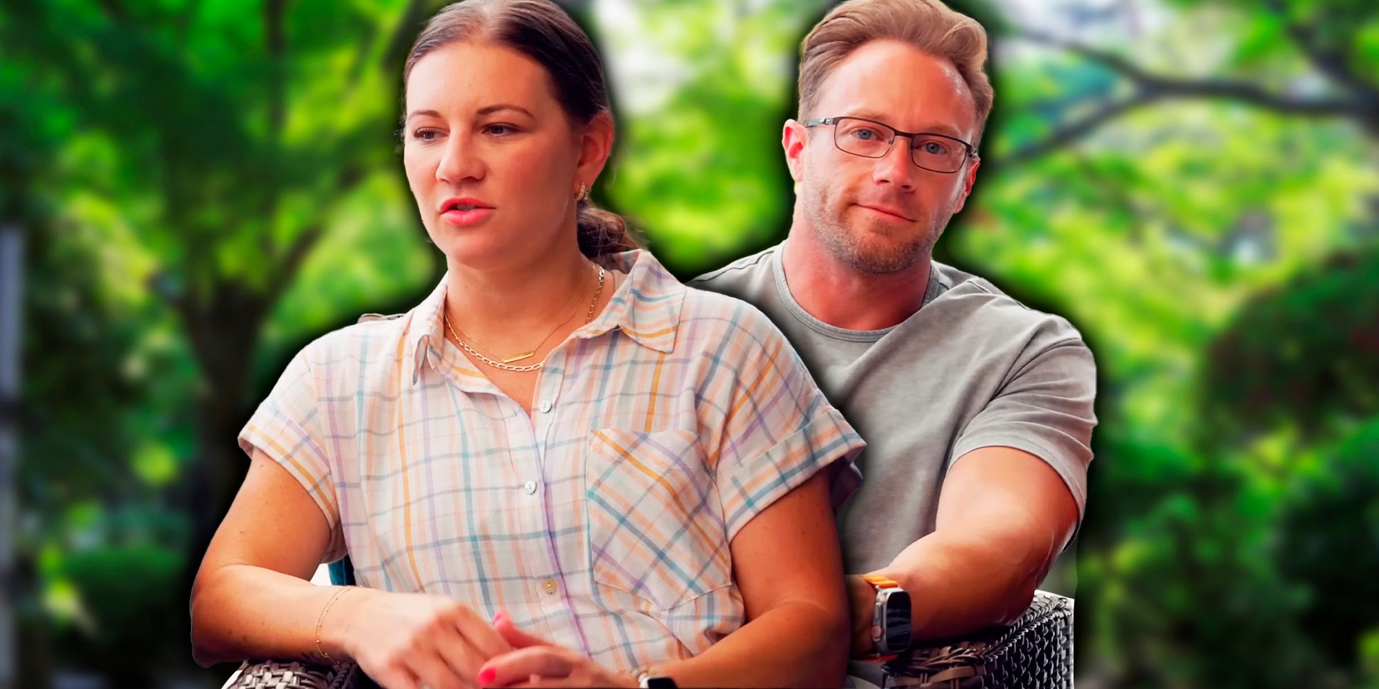 Adam and Danielle from OutDaughtered in front of greenery scene