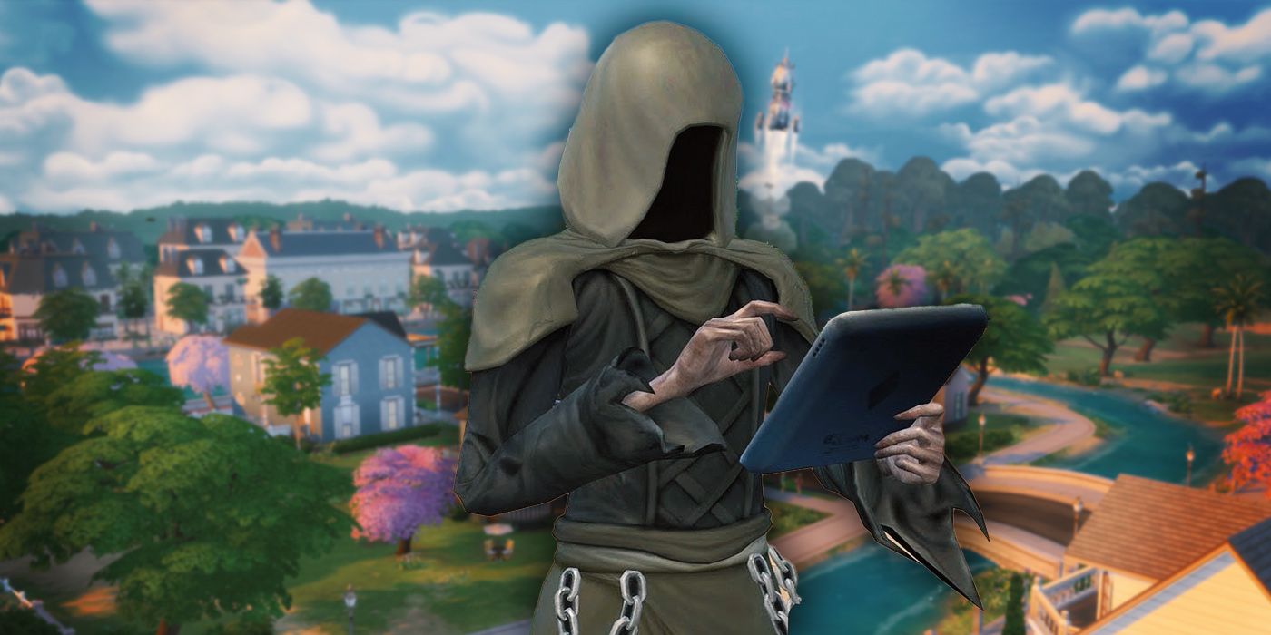 Grim Reaper di depan lingkungan Sims 4 yang buram.