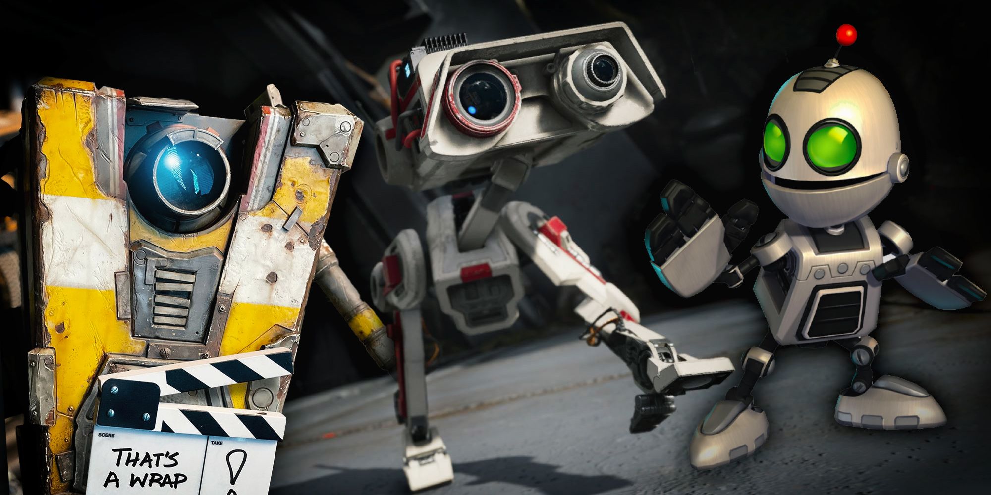Claptrap, BD-1 and Clank stood on industrial style background