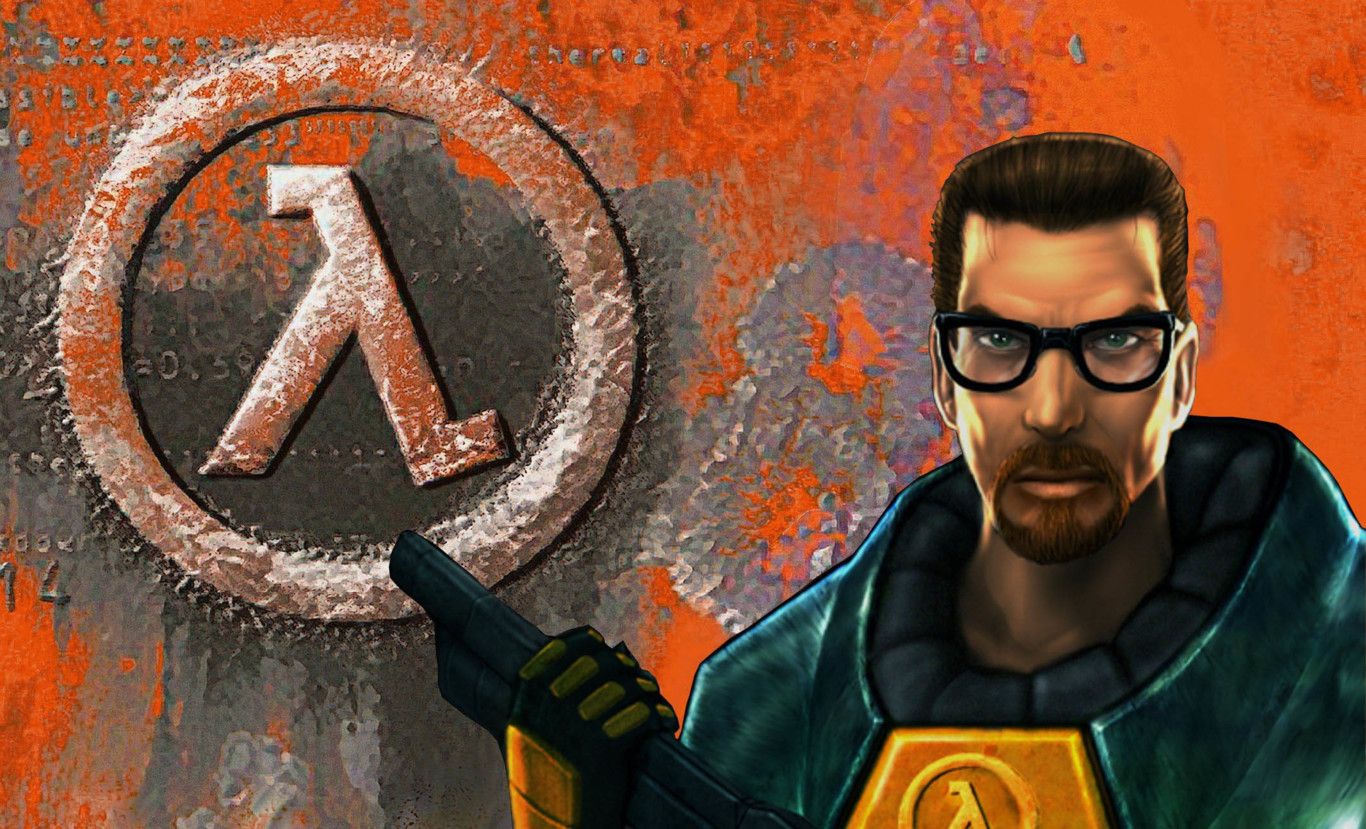 Protagonis Half-Life Gordan Freeman menghadap ke kamera.  Latar belakang gambar adalah logo game.