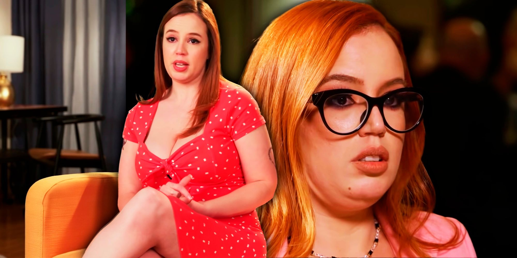Jess Caroline from 90 Day Fiance sitting in red dress for interview and behind her is her photo with glasses