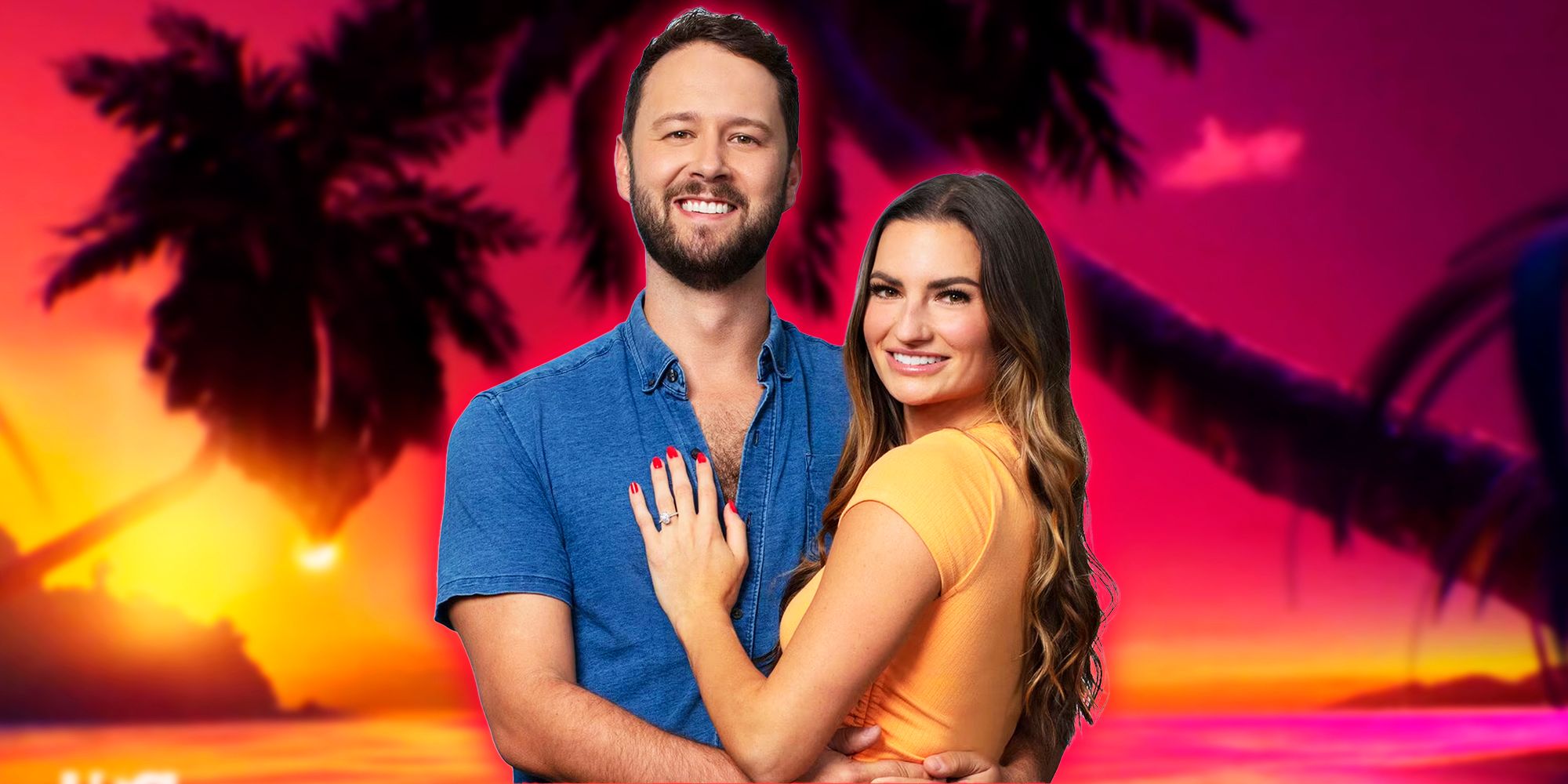 Temptation Island season 5 couple in front of a tropical background