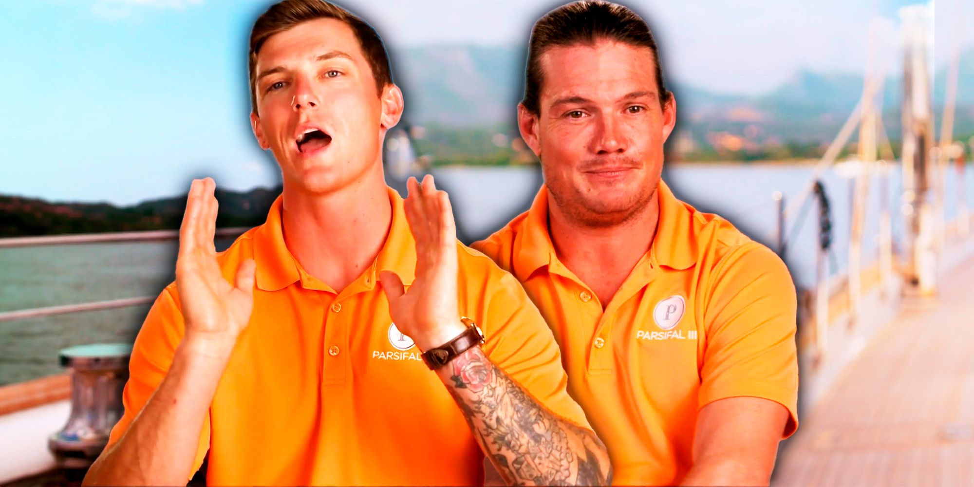 Below Deck's Chase Lemacks and Gary King, both wearing orange outfits