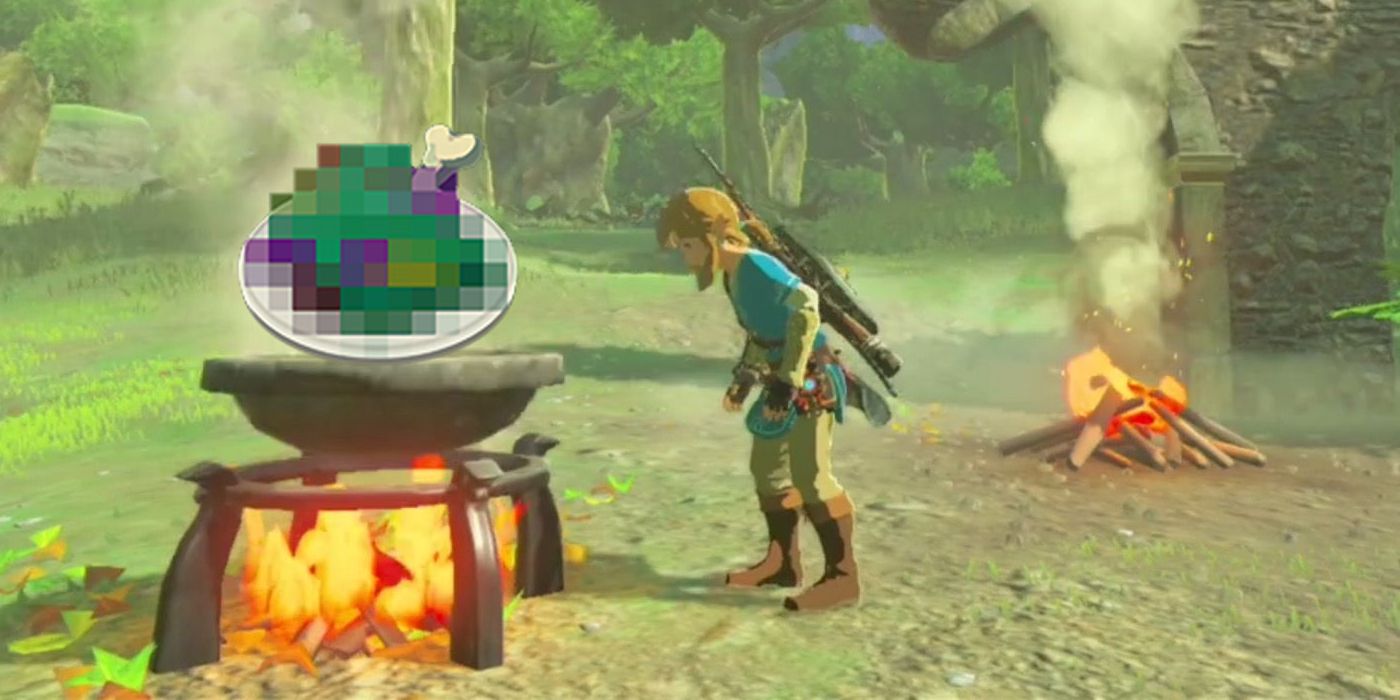 Link looks down at a cooking pot in Tears of the Kingdom, with a dish of blurred, green-and-purple Dubious Food rising from it.