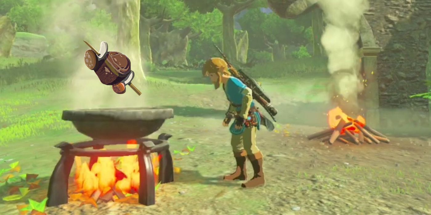 Link looks down at a cooking pot in TOTK, with a meat and mushroom skewer rising from it. 