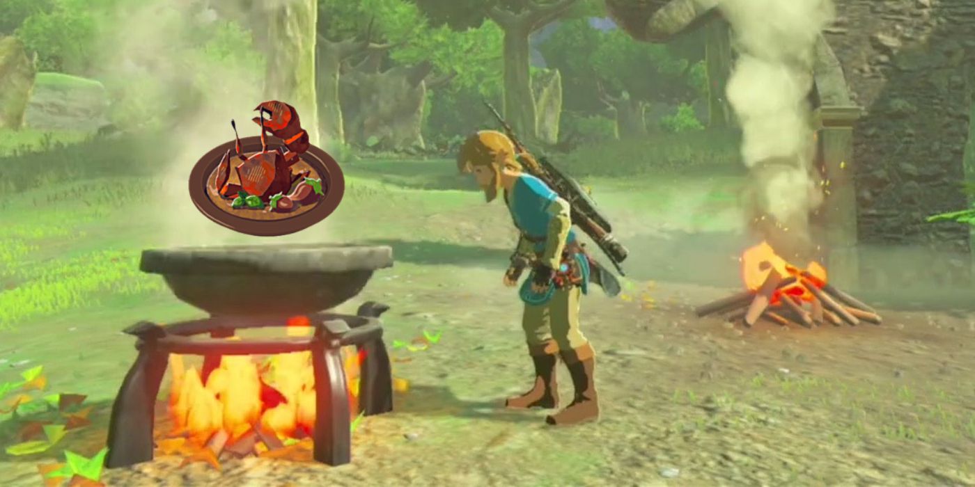Link looks at a cooking pot with a plate of Crab Stir Fry rising from it in Tears of the Kingdom.