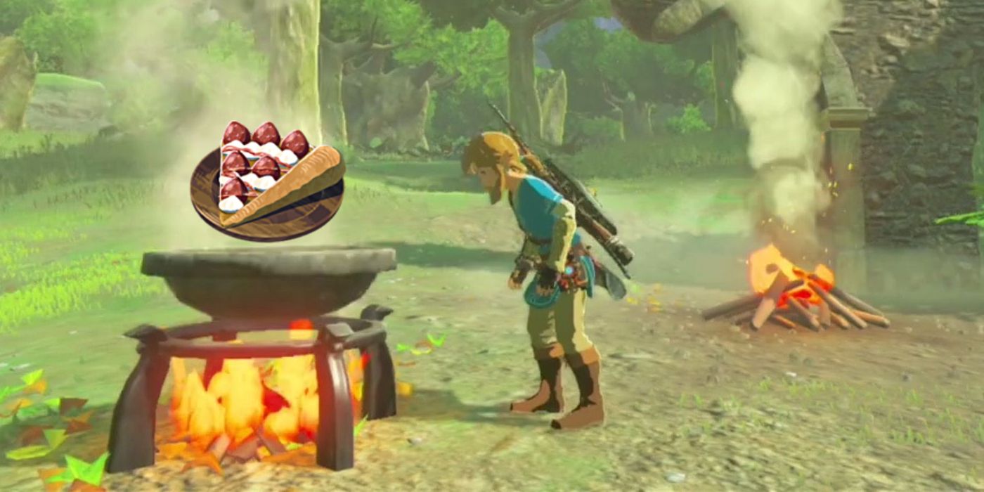 Link looks down at a cooking pot with Wildberry Crepes rising out of it in Tears of the Kingdom.