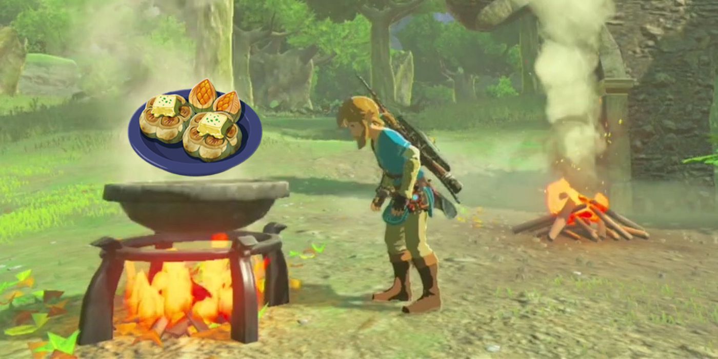 Link looking into a cooking pot containing caramelized Buttered Stambulb in Tears of the Kingdom.
