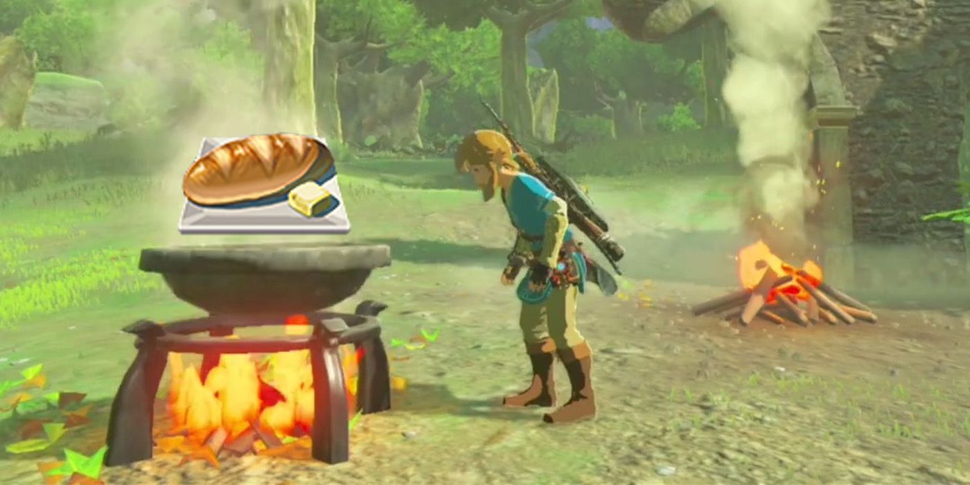Link looks down at a cooking pot containing a batard of scored Wheat Bread and a pat of butter in Tears of the 