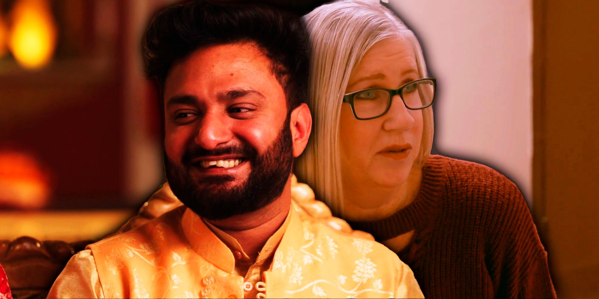 90 Day Fiance's Sumit Singh smiling wide and Jenny Slatten looking worried