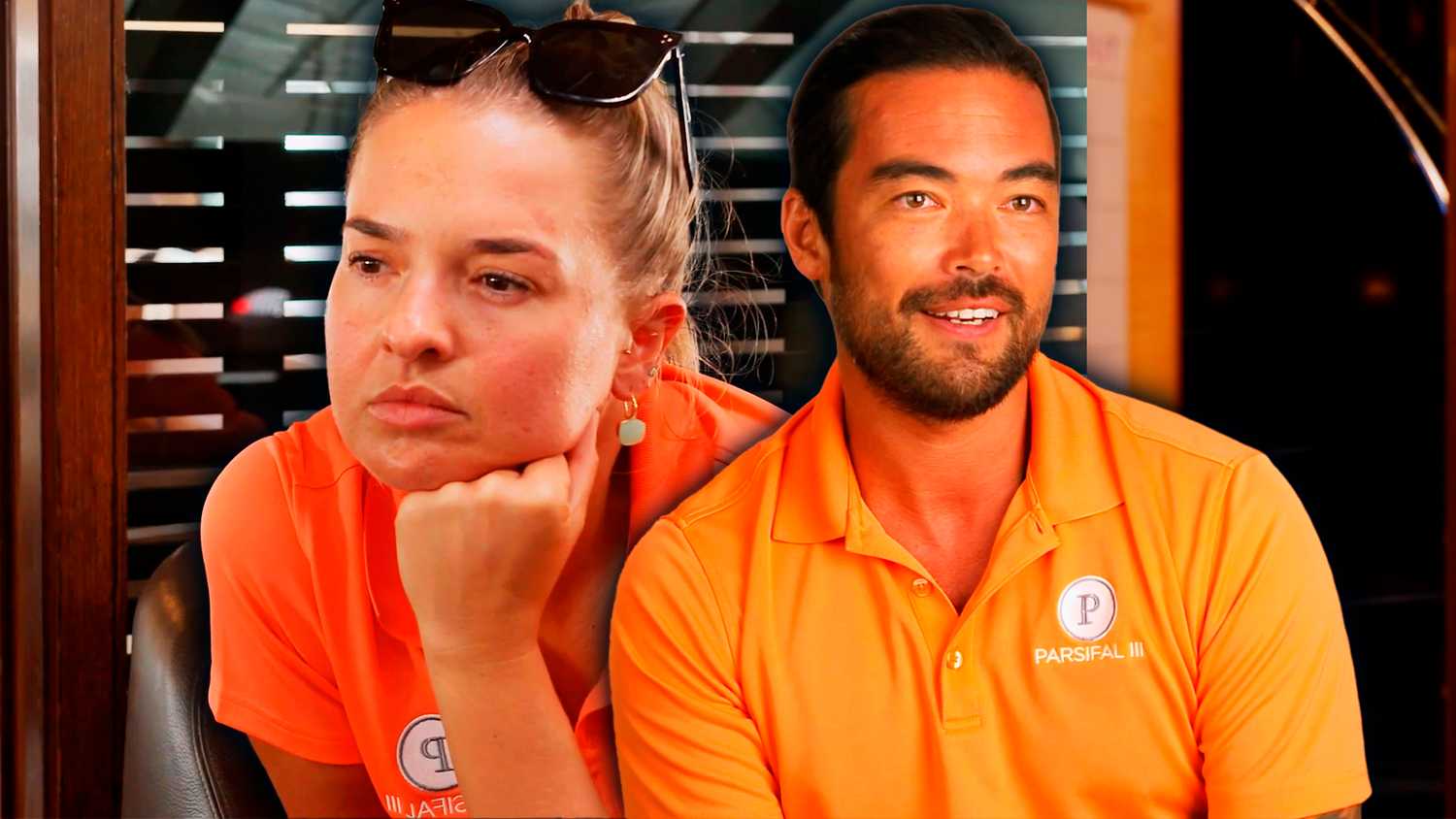 Below Deck Sailing Yacht's Daisy Kelliher resting her chin on her hand and Colin MacRae smiling