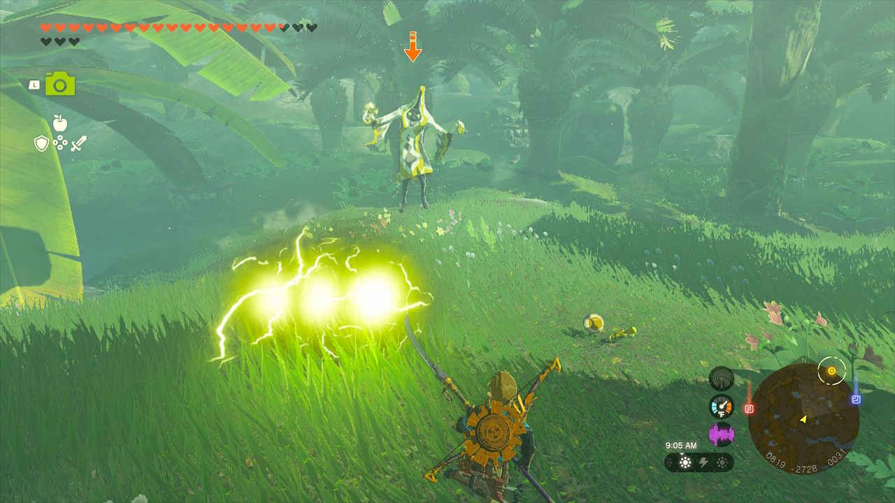 Link lutando contra um Thunder Wizzrobe em Tears of the Kingdom