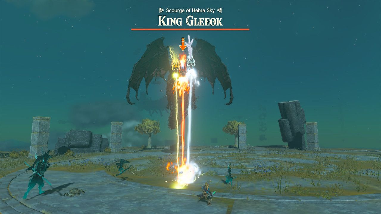 Link fighting a King Gleeok on a sky island in Tears of the Kingdom.