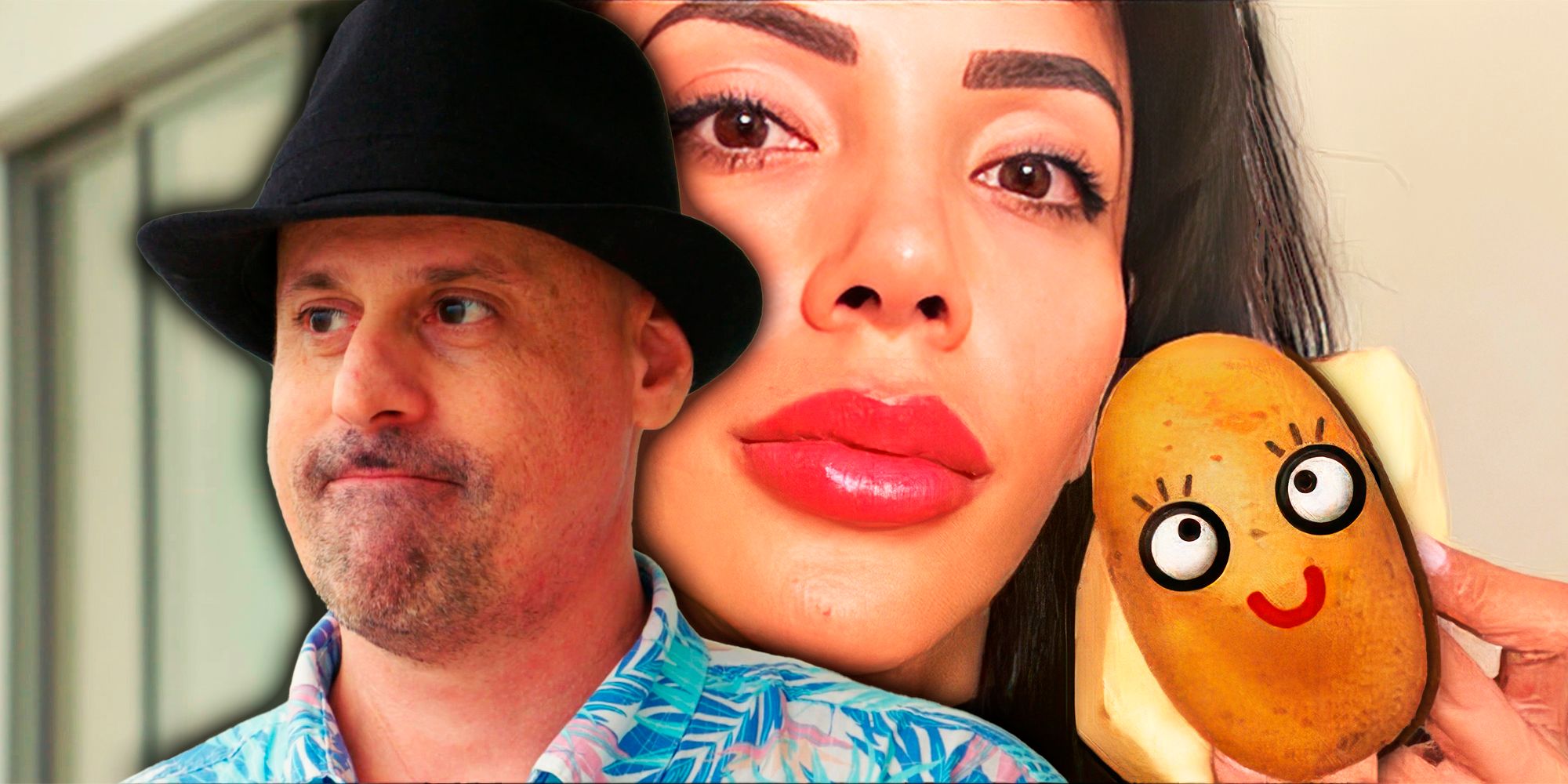 90 Day Fiance&rsquo;s Jasmine Pineda and Gino Palazzolo, with illustrated potato with facial expression