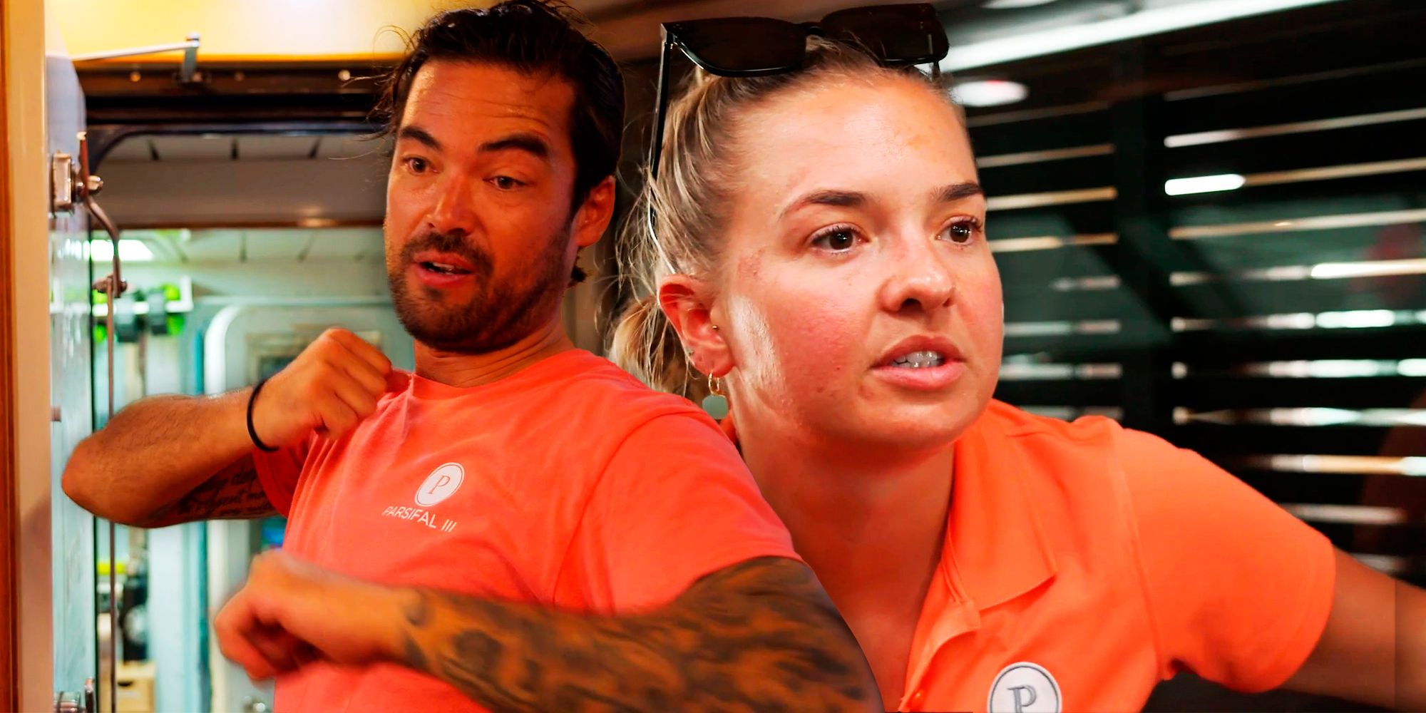 Below Deck's Daisy Kelliher and Colin MacRae in orange uniforms montage with yacht interior background