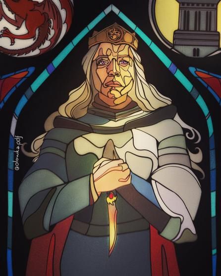 Poster image of Rhaenyra Targaryen, aka the Black Queen, holding a dagger in a stained glass art by Dunja