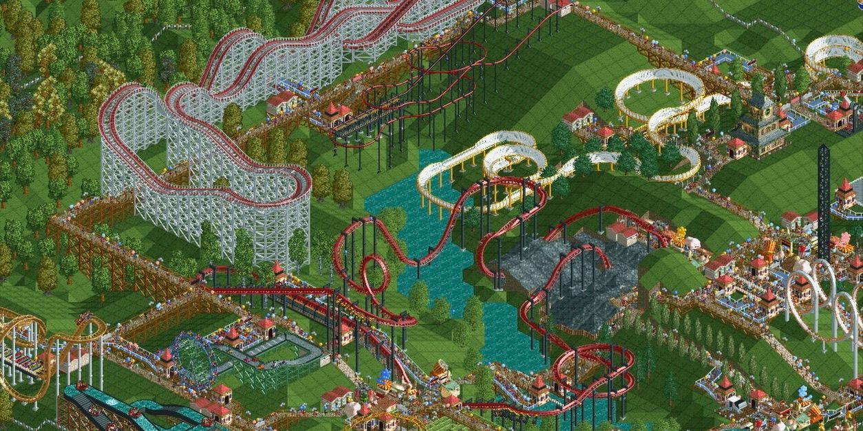 Tangkapan layar taipan RollerCoaster, menampilkan berbagai rollercoaster, kincir ria, dan laguna kecil.
