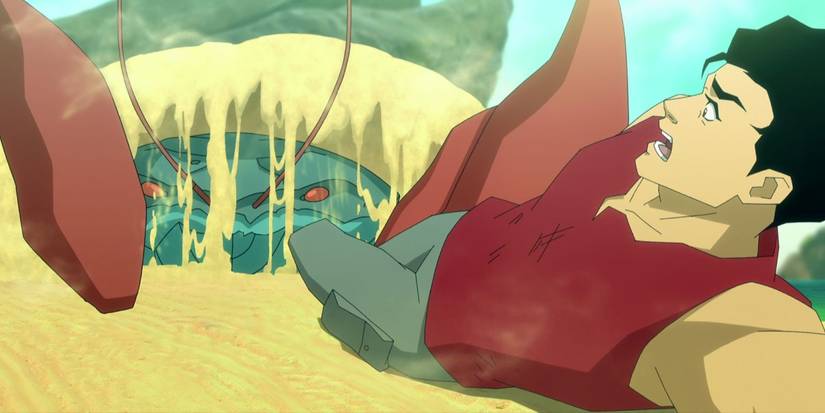 A character being attacked by a giant crab in Skull Island.