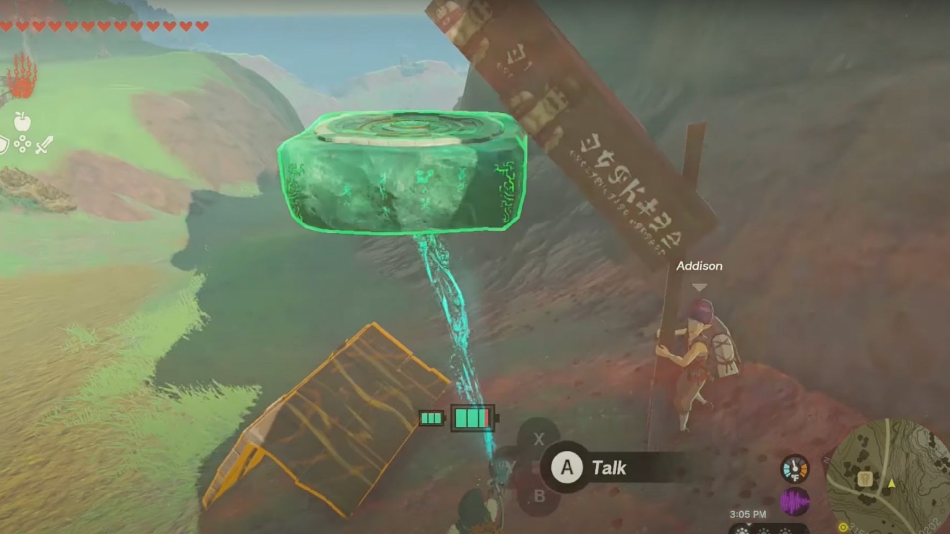 A zonai device holding up a sign in Zelda_ TOTK