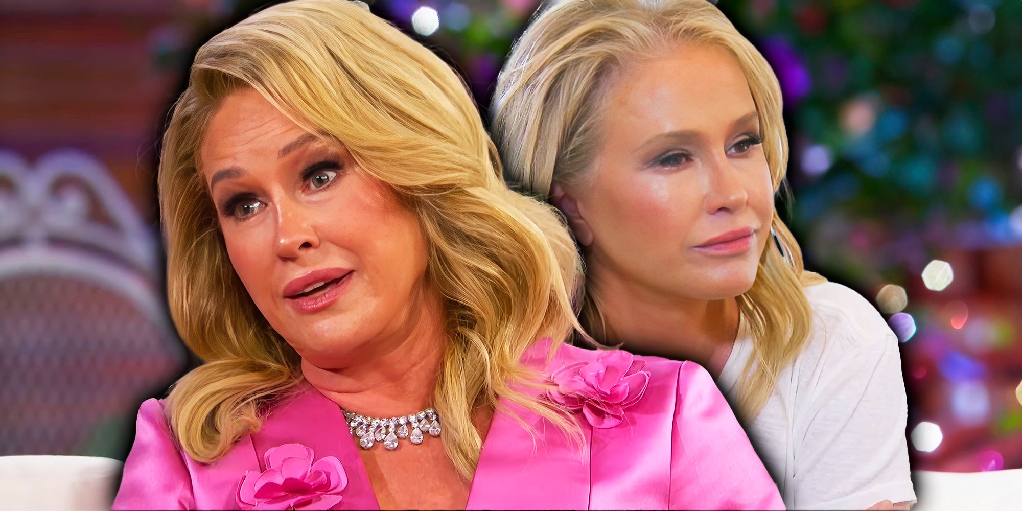 Kathy Hilton on RHOBH, in a pink outfit and listening in a white top