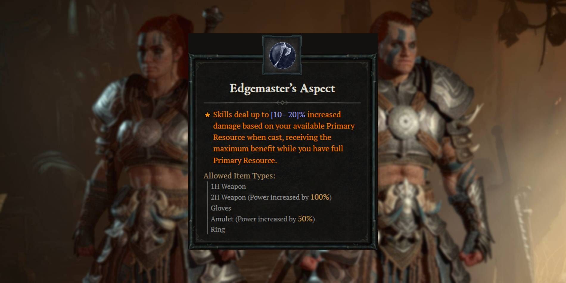 Diablo 4 Universal Edgemaster's Aspect dari Codex of Power dengan Barbarian Background
