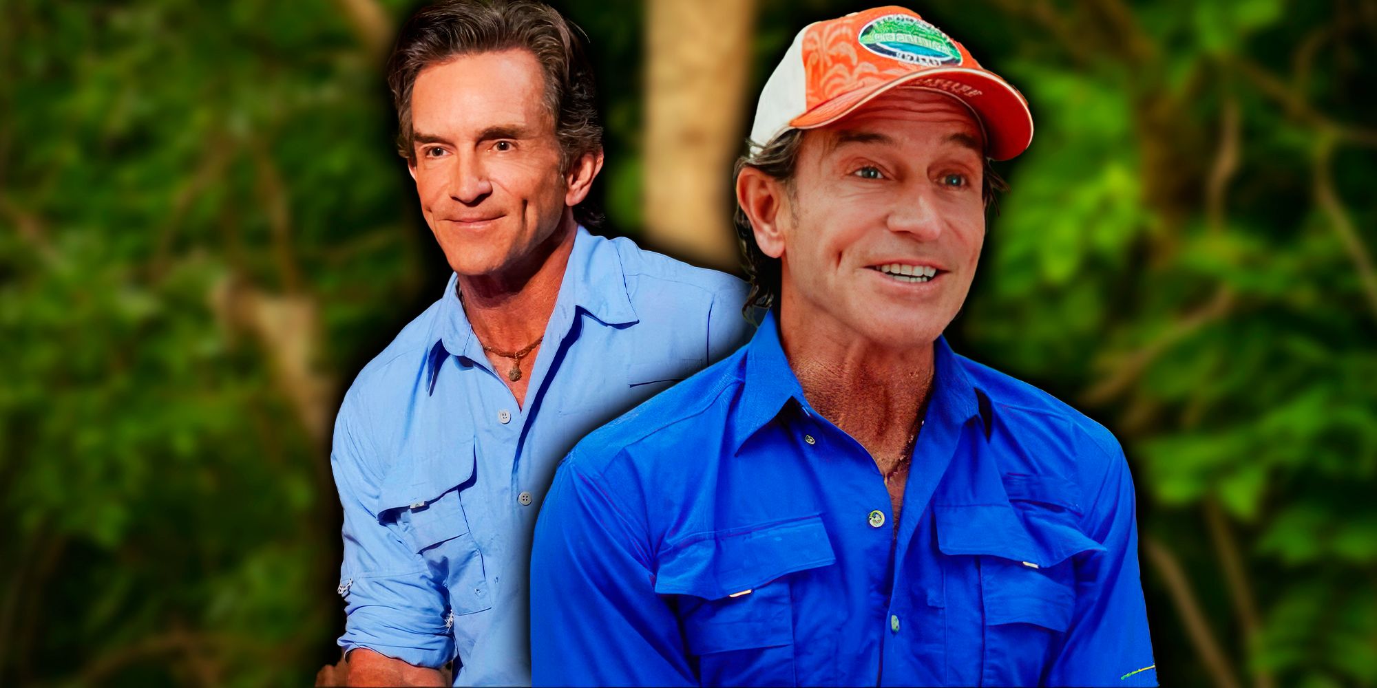 Jeff Probst Survivor montage jeff in pale blue and bright blue shirts smiling in both shots