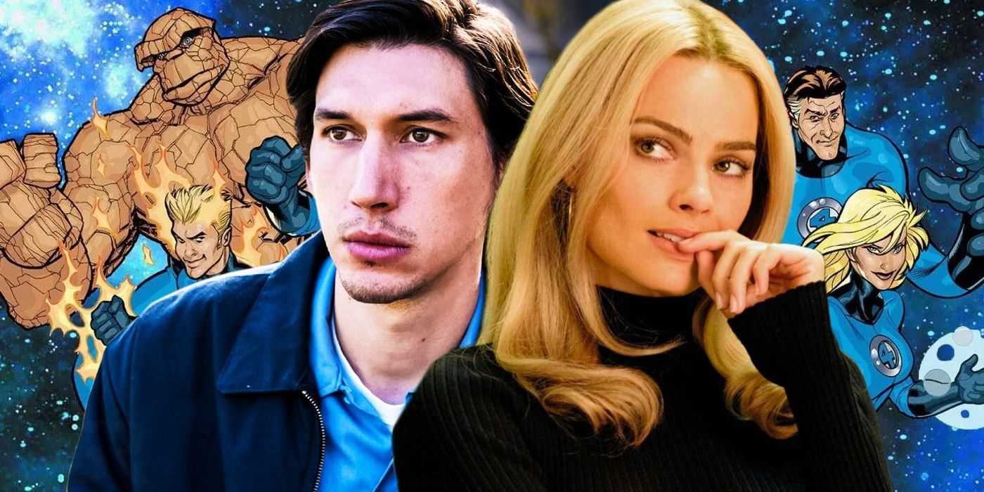 Adam Driver and Margot Robbie with comic art of the Fantastic Four