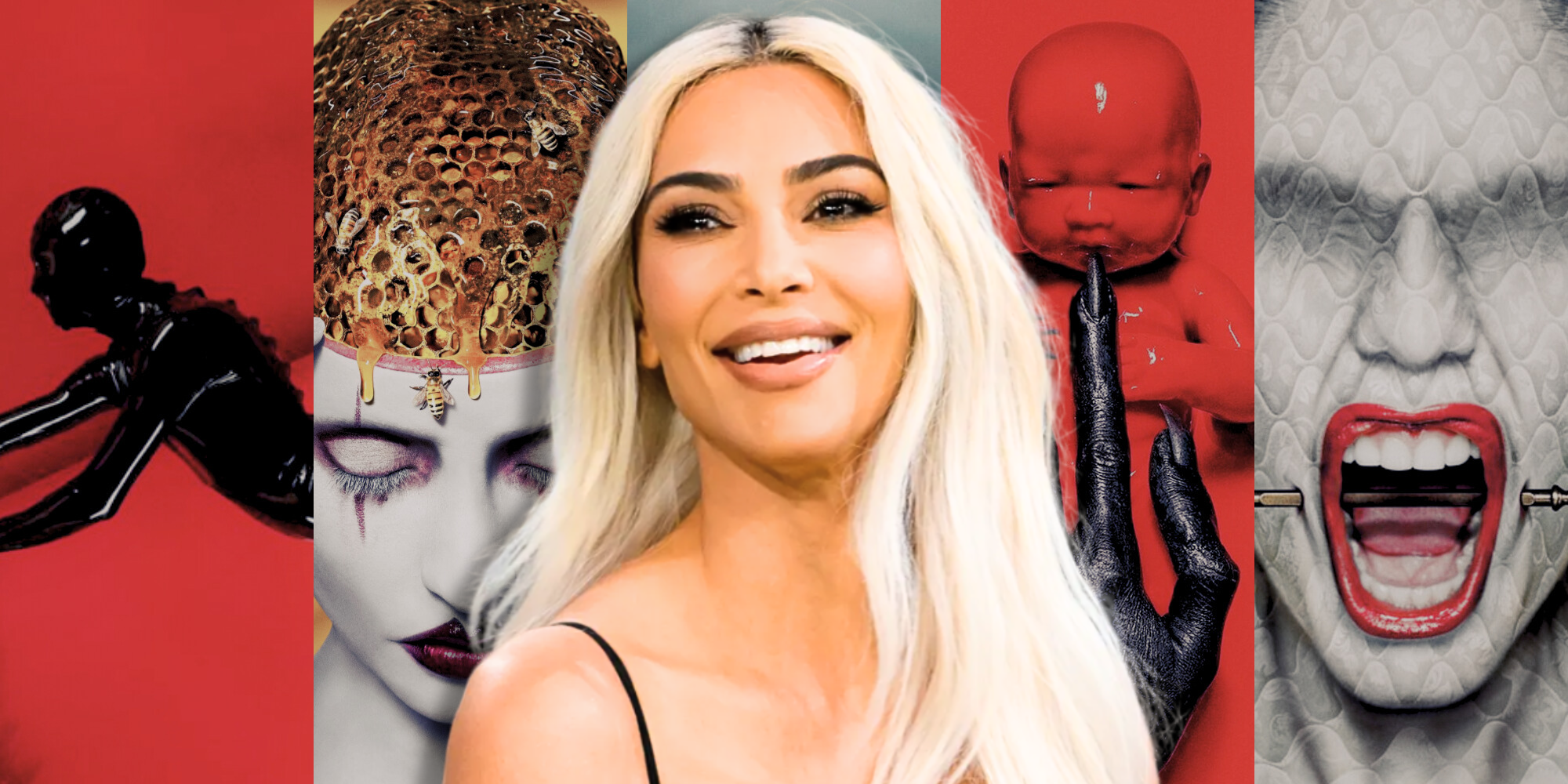 Kim Kardashian in front of posters for American Horror Story