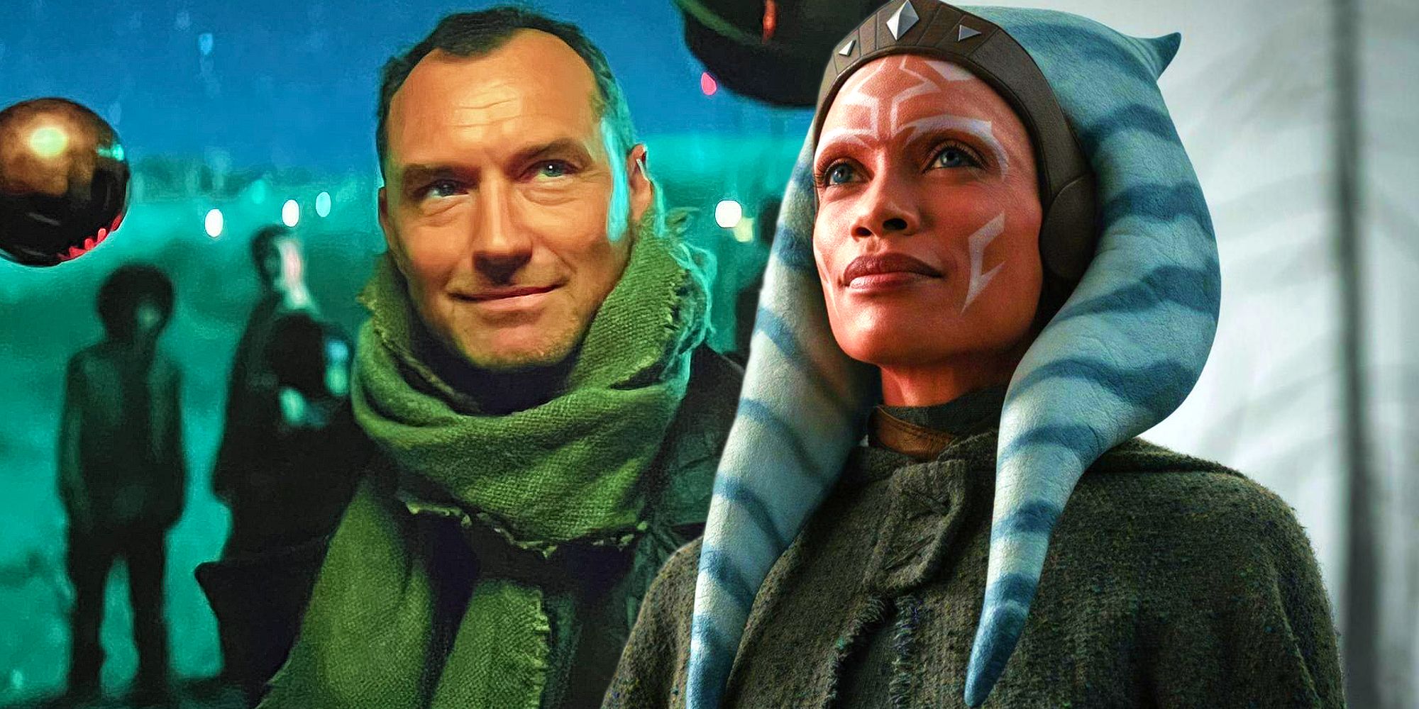 Rosario Dawson as Ahsoka in The Mandalorian next to Jude Law's Jedi from Skeleton Crew