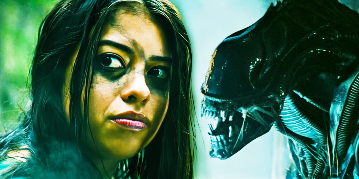 Amber Midthunder looking sideways in Prey and Xenomorph opening its mouth