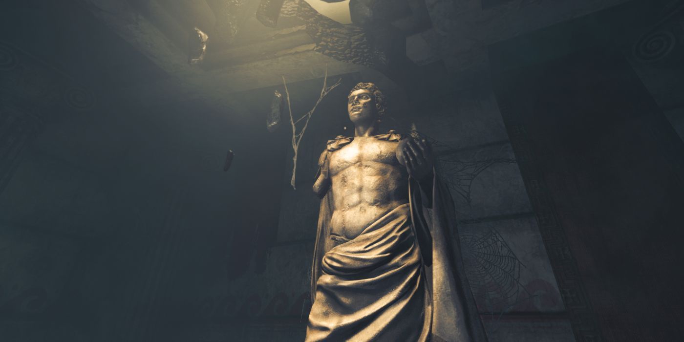 A crumbling Roman statue of a man holding an Orb in Amnesia: The Bunker. A couple of small rocks are floating nearby, and a ray of light is shining through the ceiling.