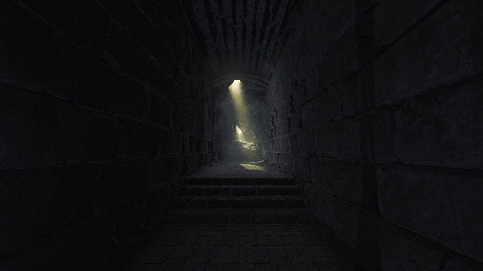 Player leaving the bunker and walking towards a light at the end of the hallway in Amnesia: The Bunker.