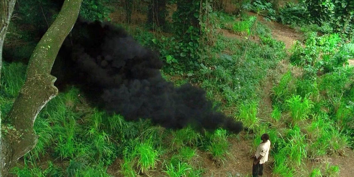 An image of Adewale Akinnuoye-Agbaje as Eko confronting the smoke monster in Lost