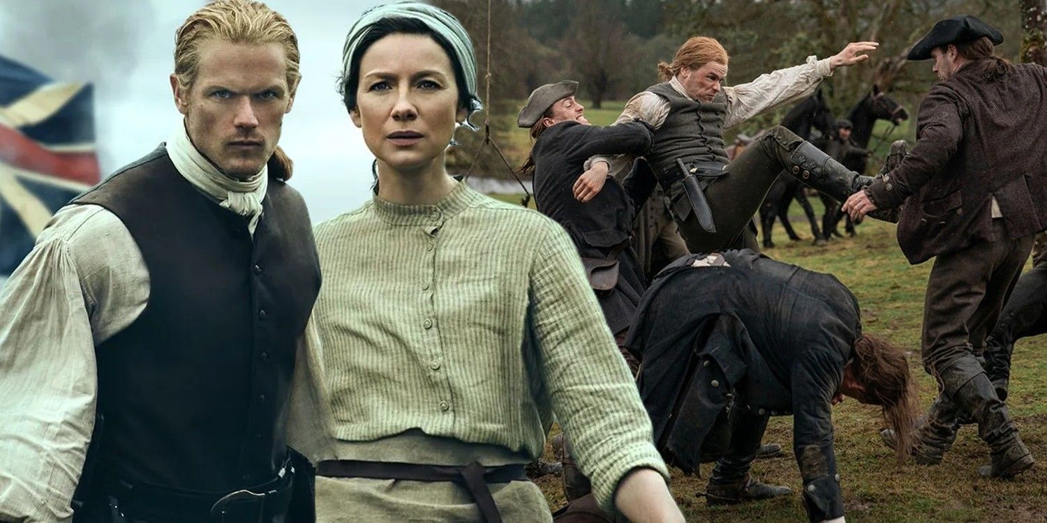 An image of Jamie and Claire and men fighting in Outlander