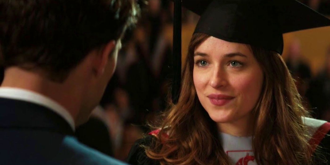 Christian speaks to Ana at her graduation on stage in Fifty Shades of Grey.