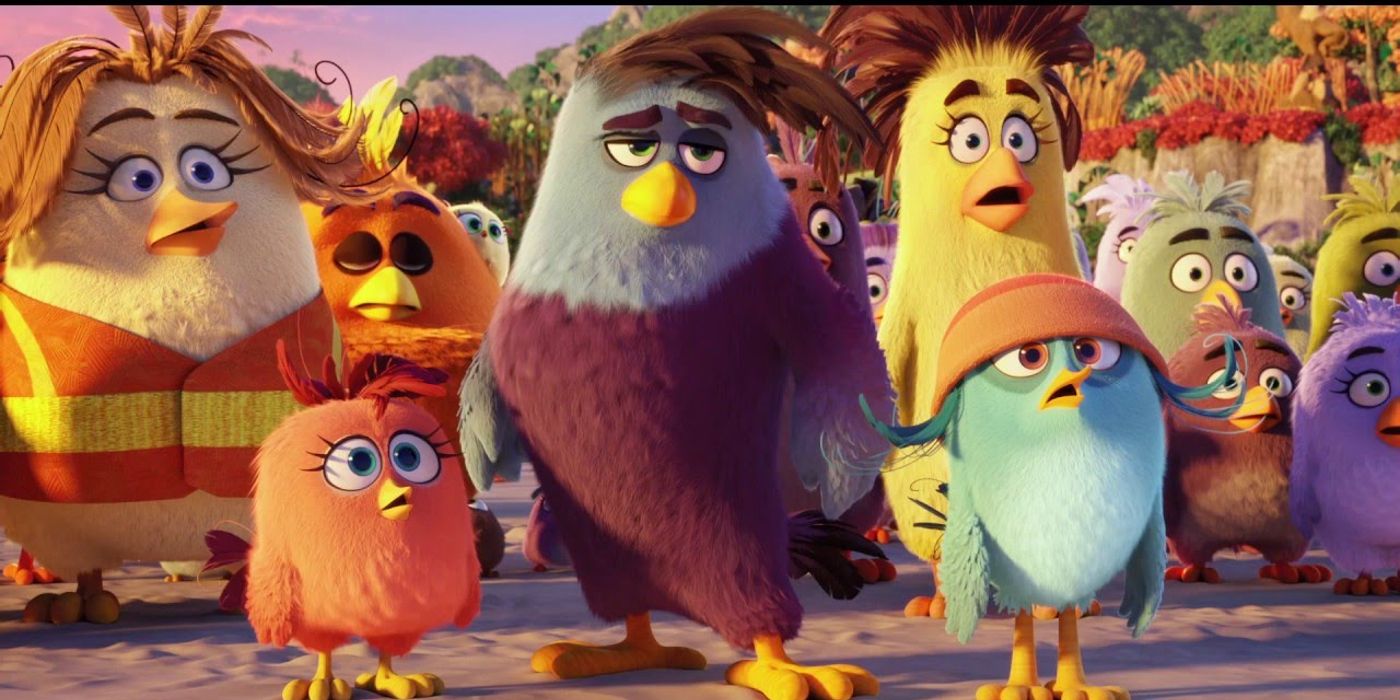 Many birds look in the distance with awe in The Angry Birds Movie.