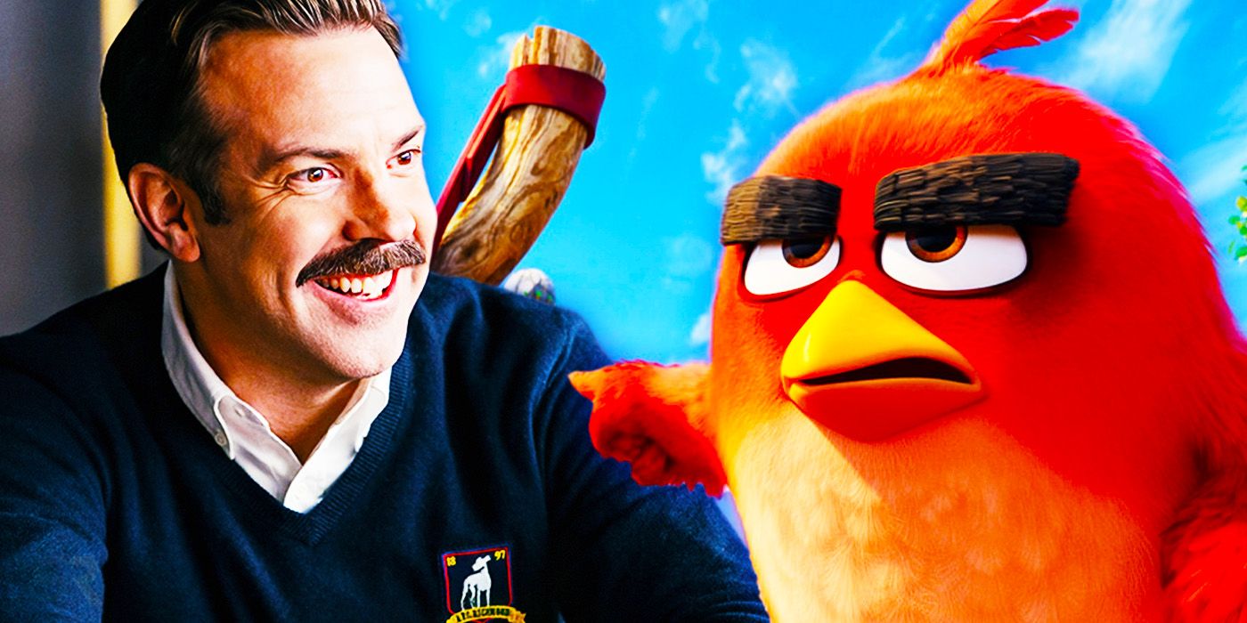 The character Red points at a photo of Jason Sudeikis in a collage for the Angry Birds movie. 