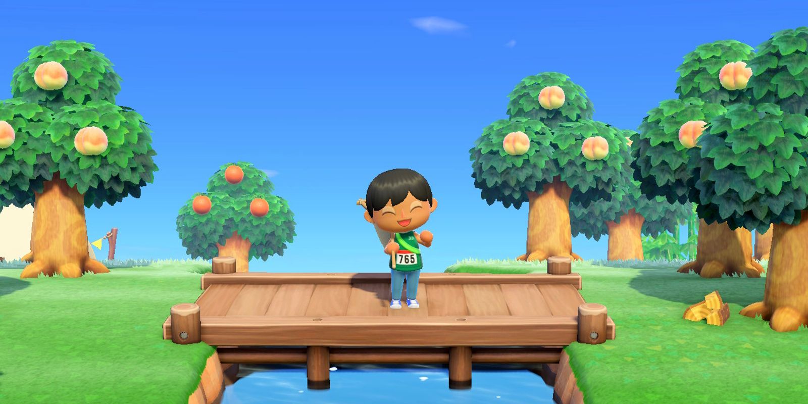 Animal Crossing New Horizons Player In Tank Top Waving From Wooden Bridge Near Peach Trees In July 2023