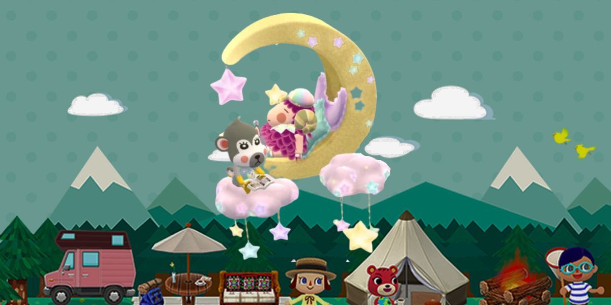 Latar belakang Animal Crossing Pocket Camp dengan Dreamy Floating Lounge dengan karakter tidur siang di bulan dan yang lain duduk di atas awan sambil membaca buku